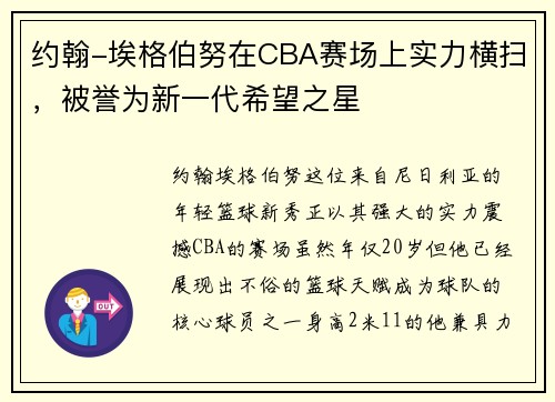 约翰-埃格伯努在CBA赛场上实力横扫，被誉为新一代希望之星